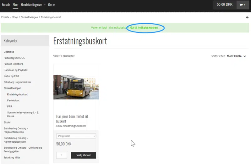 Skærmprint fra Silkeborg Kommune Webshop, der viser hvordan man går til indkøbskurv